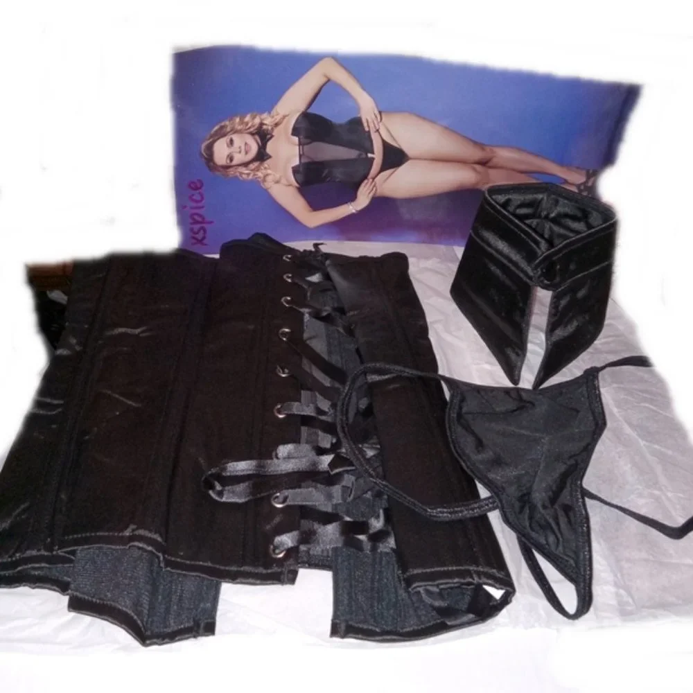 3-piece Plus Size L/XL Black lingerie set: Bow Tie, Corset, Thong– NEW